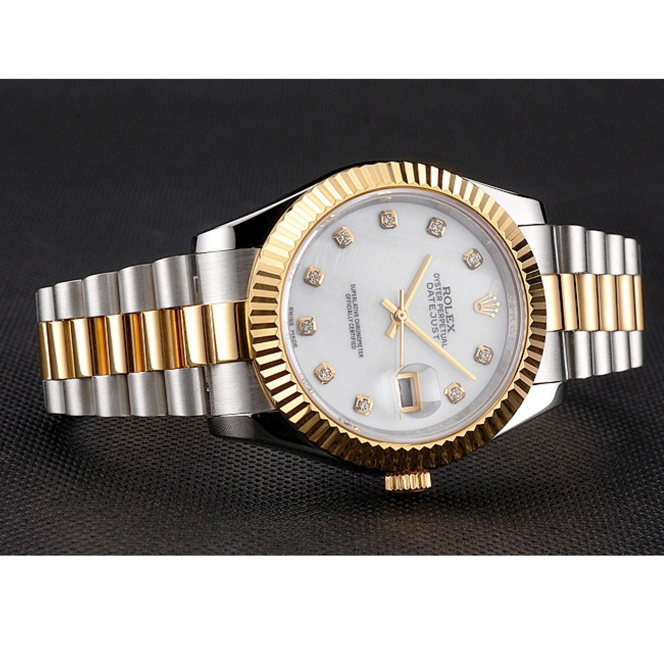 Aaa replica watch Hour Steel Tone Diamond Swiss Rolex Case White Bracelet Two Marks Bezel Datejust Stainless Dial Gold 0803